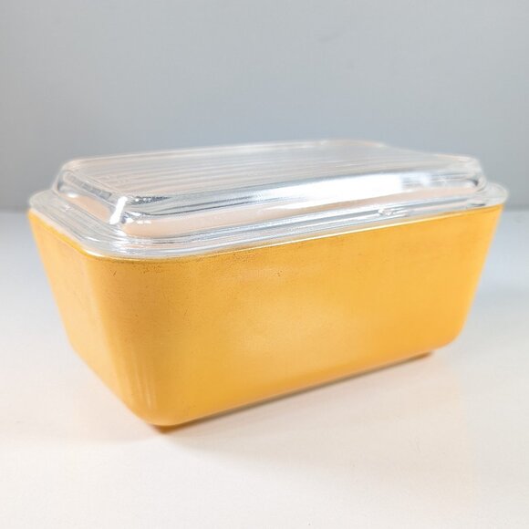 Vintage Pyrex Yellow 0502 Refrigerator Dish 1 1/2 Pint w/Glass Ribbed Lid 502-C - Picture 1 of 11